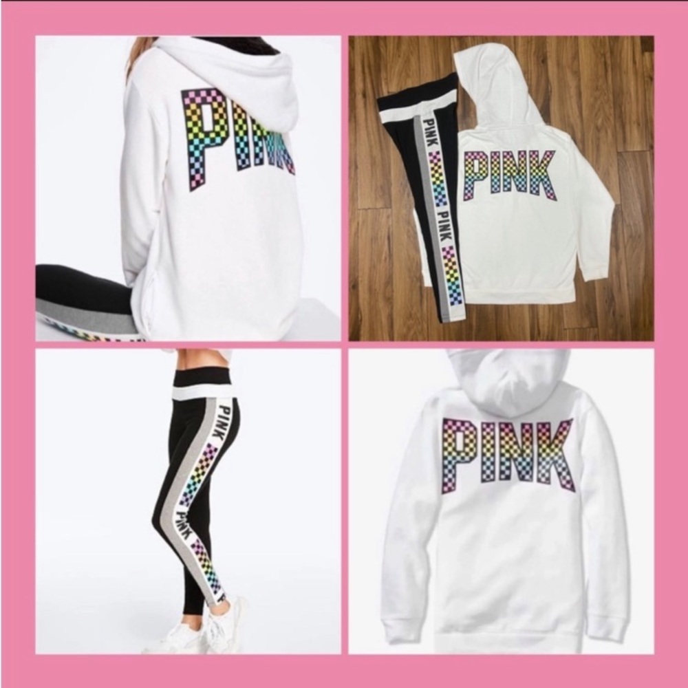 PINK VS RAINBOW CHECKERED HOODIE AND YOGA LEGGINGS OUTFIT SET